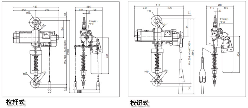 EHL-TS型遠藤氣動葫蘆尺寸圖